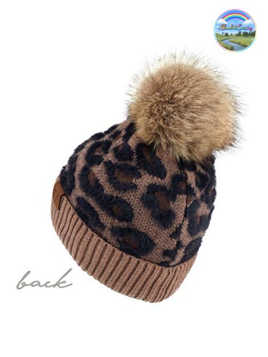 Soft Beanie Hat with Fur Pom Leopard Pattern Stretchable Winter Beanie